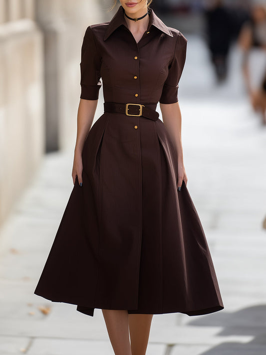 Belted A-Line Shirt Dress With Flared Hem