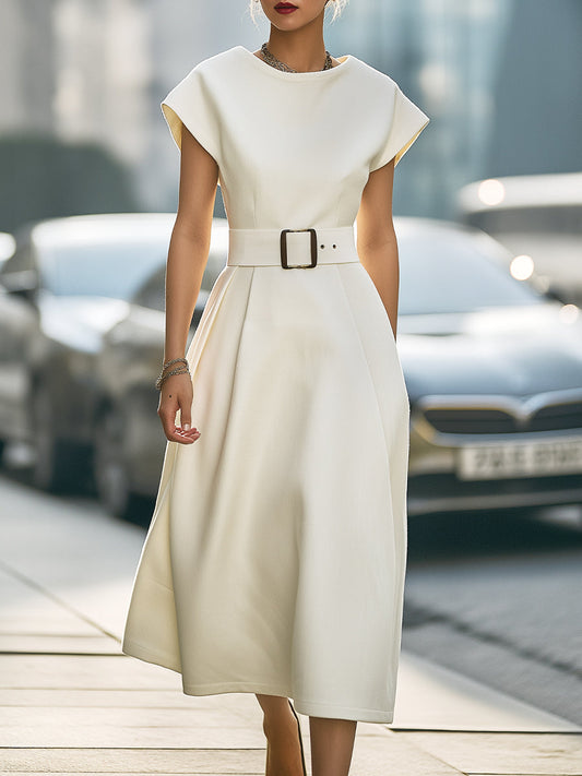 Ivory Structured Cap Sleeve Midi Dress With Statement Belt