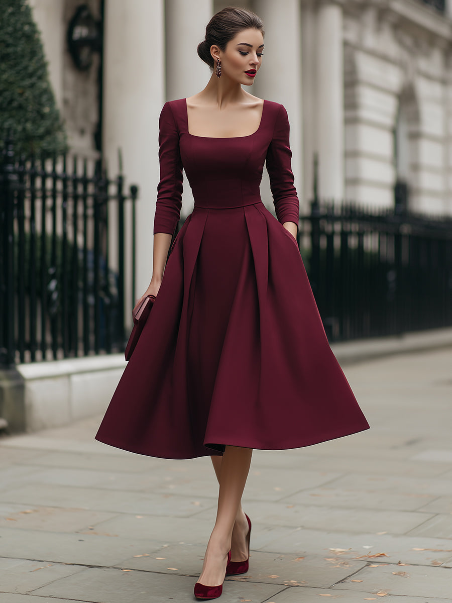 Elegant Square-Neck Plain A-Line Midi Dress