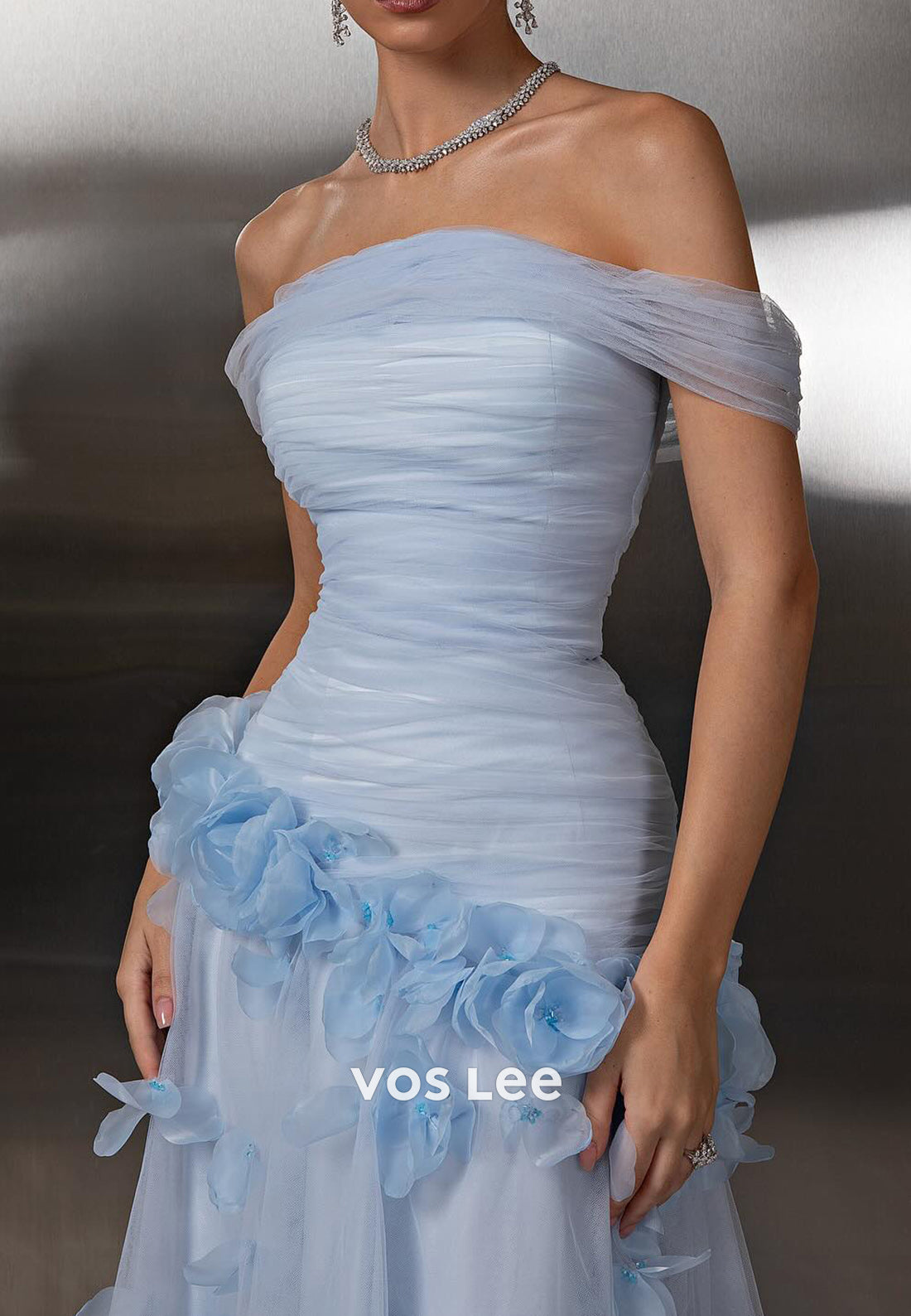 A-Line Off the Shoulder Tulle Appliques Pleated Prom Dresses with Sweep Train