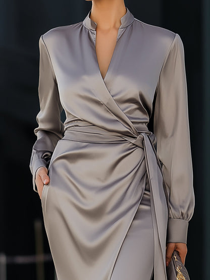 Grey Satin Wrap Dress With Tie Waist