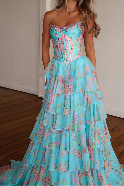 New Arrival A Line Scoop Neck Floral Chiffon Prom Dress with Beading