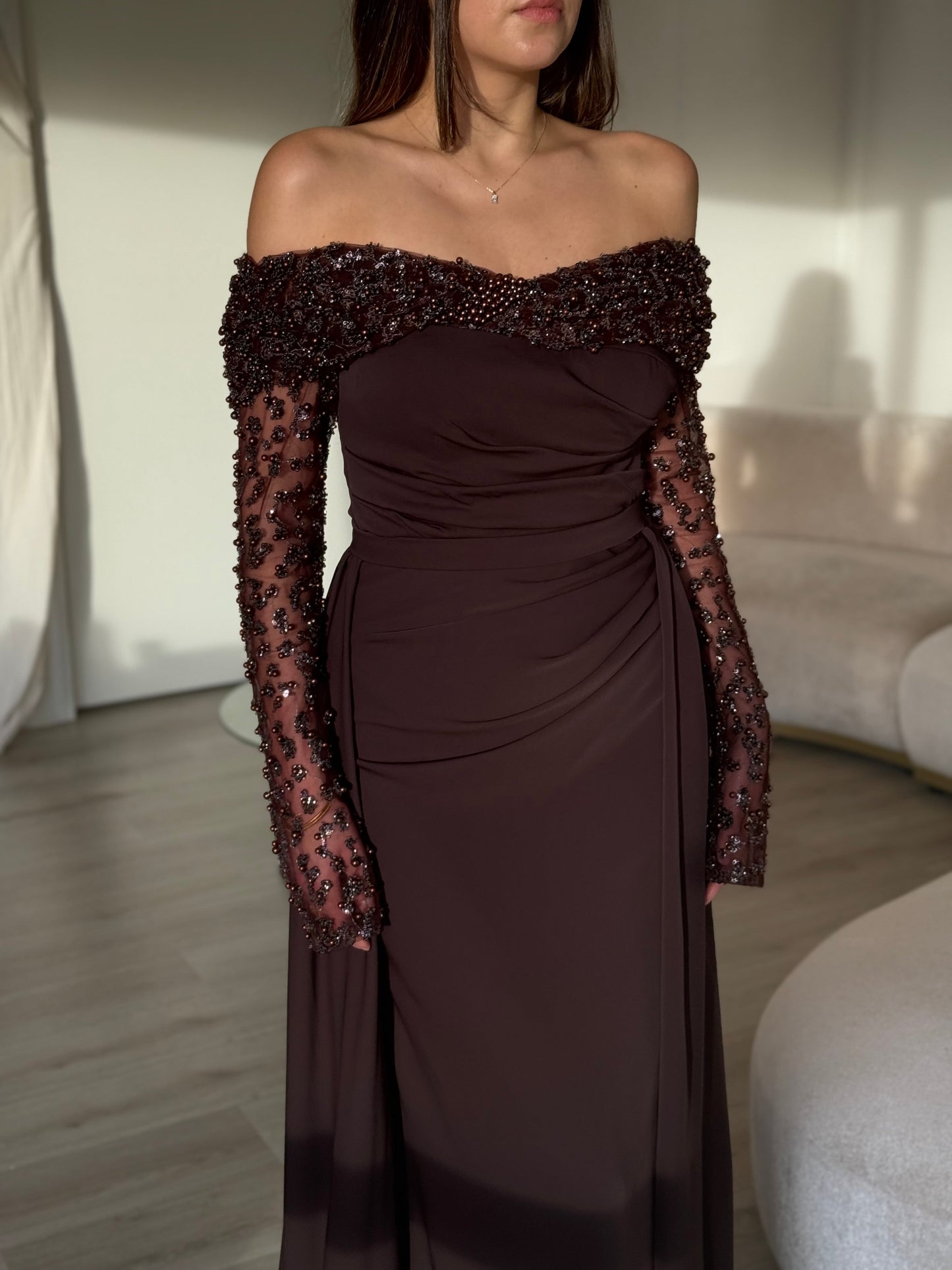 Elegant Off-Shoulder Evening Gown | Sheer Embellished Sleeves & Flowing Train