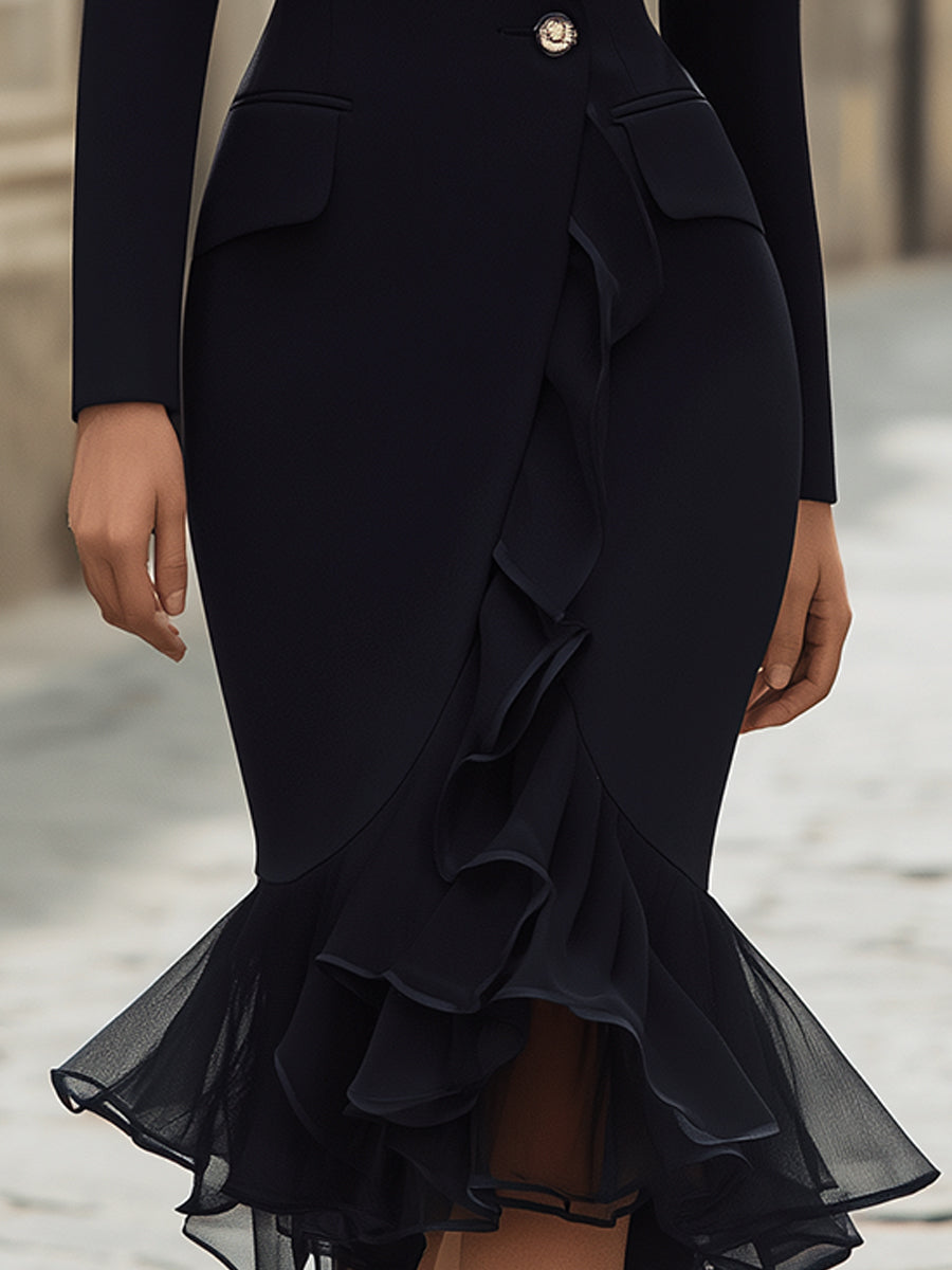 VOS LEE Structured Twill Blazer Dress With Sheer Ruffle Hem
