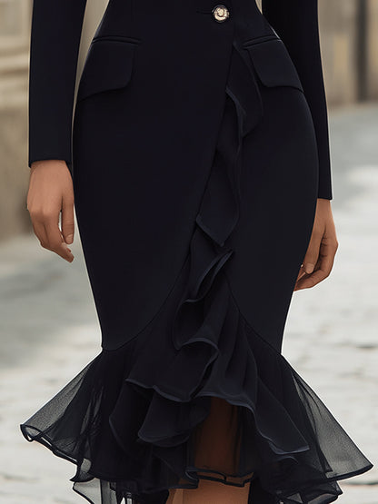 VOS LEE Structured Twill Blazer Dress With Sheer Ruffle Hem