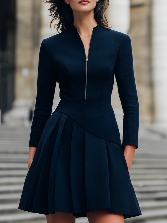 Pleated Skirt Zip-Front Mini Dress