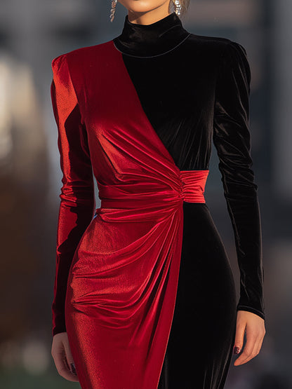 Velvet Color-Block Draped Evening Gown