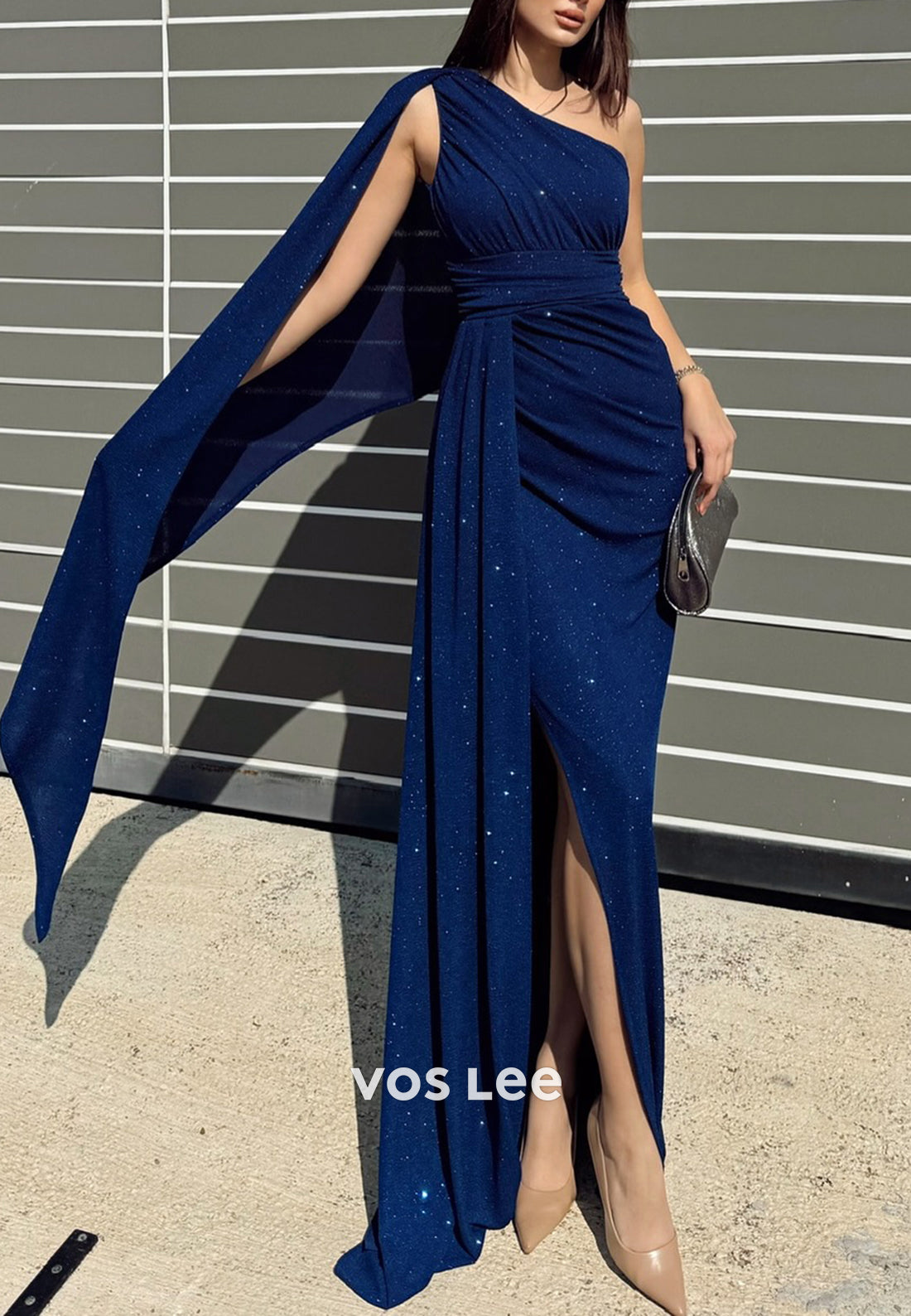 One Shoulder Floor-Length Pleated Mermaid Evening Dresses with High Split