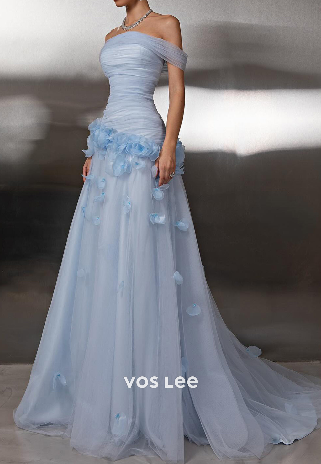 A-Line Off the Shoulder Tulle Appliques Pleated Prom Dresses with Sweep Train