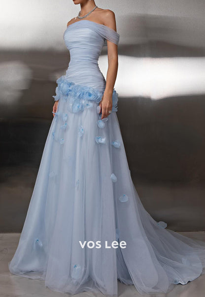 A-Line Off the Shoulder Tulle Appliques Pleated Prom Dresses with Sweep Train
