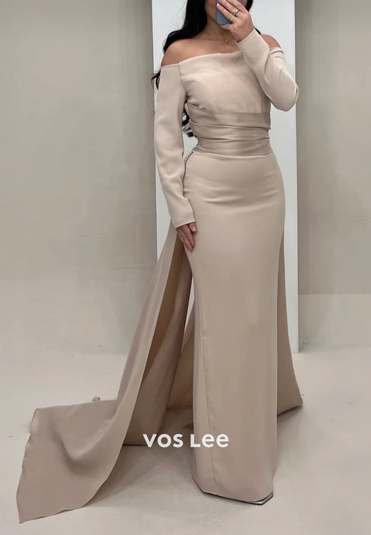 Classic Long Sleeve Off the Shoulder Ruched Mermaid Evening Dresses with Sweep Train