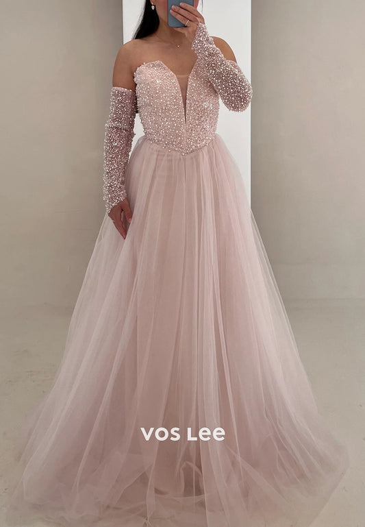 A-Line Long Sleeve Sweetheart Beading Pearls Pleated Prom Dresses with Sweep Train