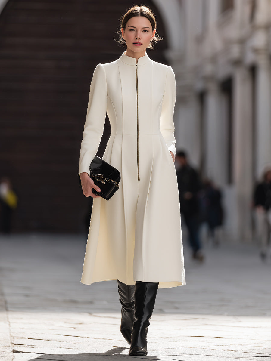 Ivory Zip-Front Midi Dress