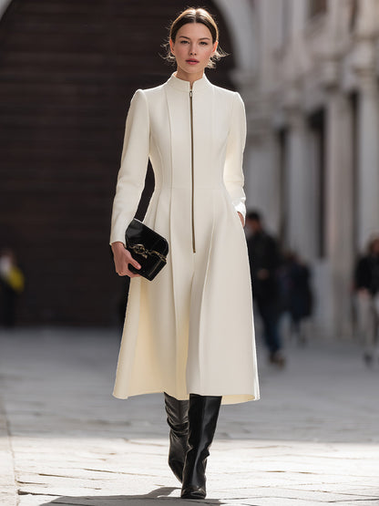 Ivory Zip-Front Midi Dress