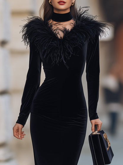 Glamorous Black Velvet Gown With Feather Accents