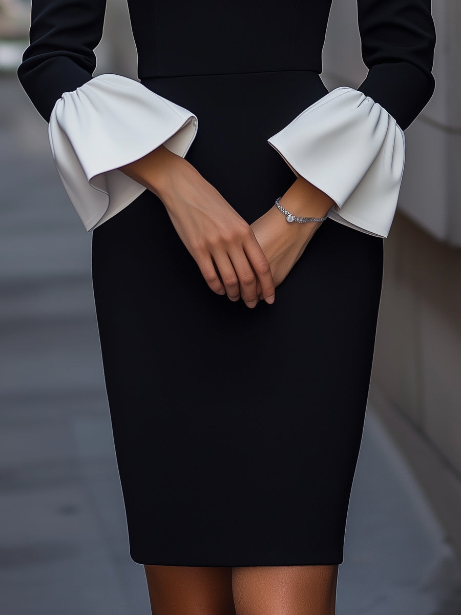 Bodycon Midi Dress With Contrast Cuff Flare Sleeves