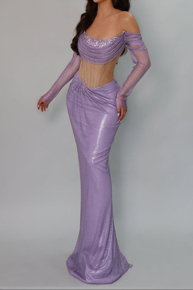 Lilac Long Sleeves Off-the-Shoulder Mermaid Evening Gowns Beads With Pleats