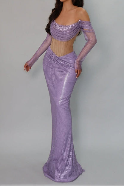 Lilac Long Sleeves Off-the-Shoulder Mermaid Evening Gowns Beads With Pleats