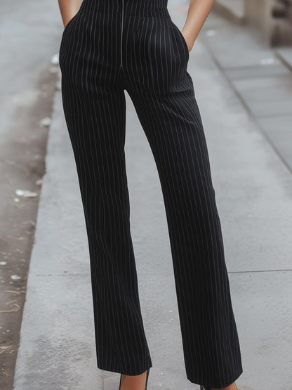 Sleeveless Pinstripe Jumpsuit With Front Zip