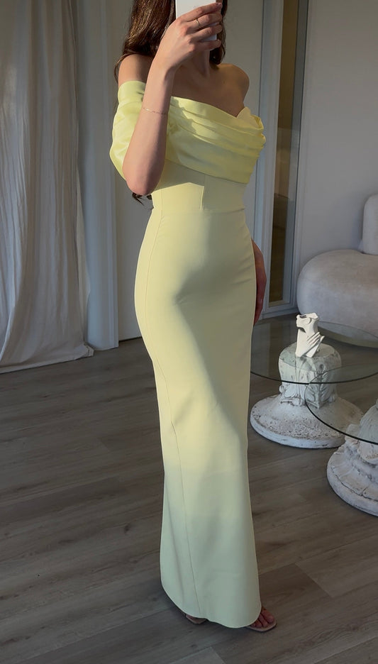 Lemon Yellow Off Shoulder Fitted Mermaid Formal Gown with Side Slit