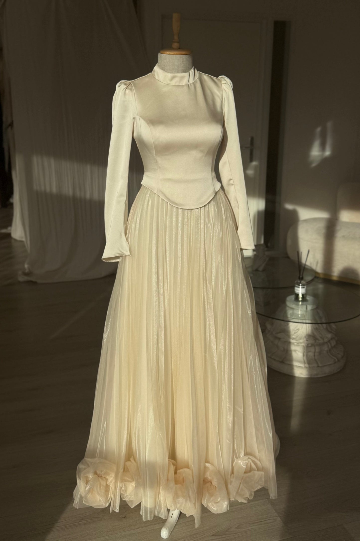 High Neck Long Sleeve Satin Top Pleated Chiffon  Formal Dress