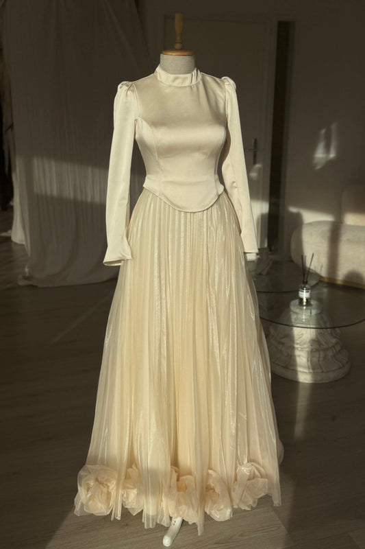 High Neck Long Sleeve Satin Top Pleated Chiffon  Formal Dress