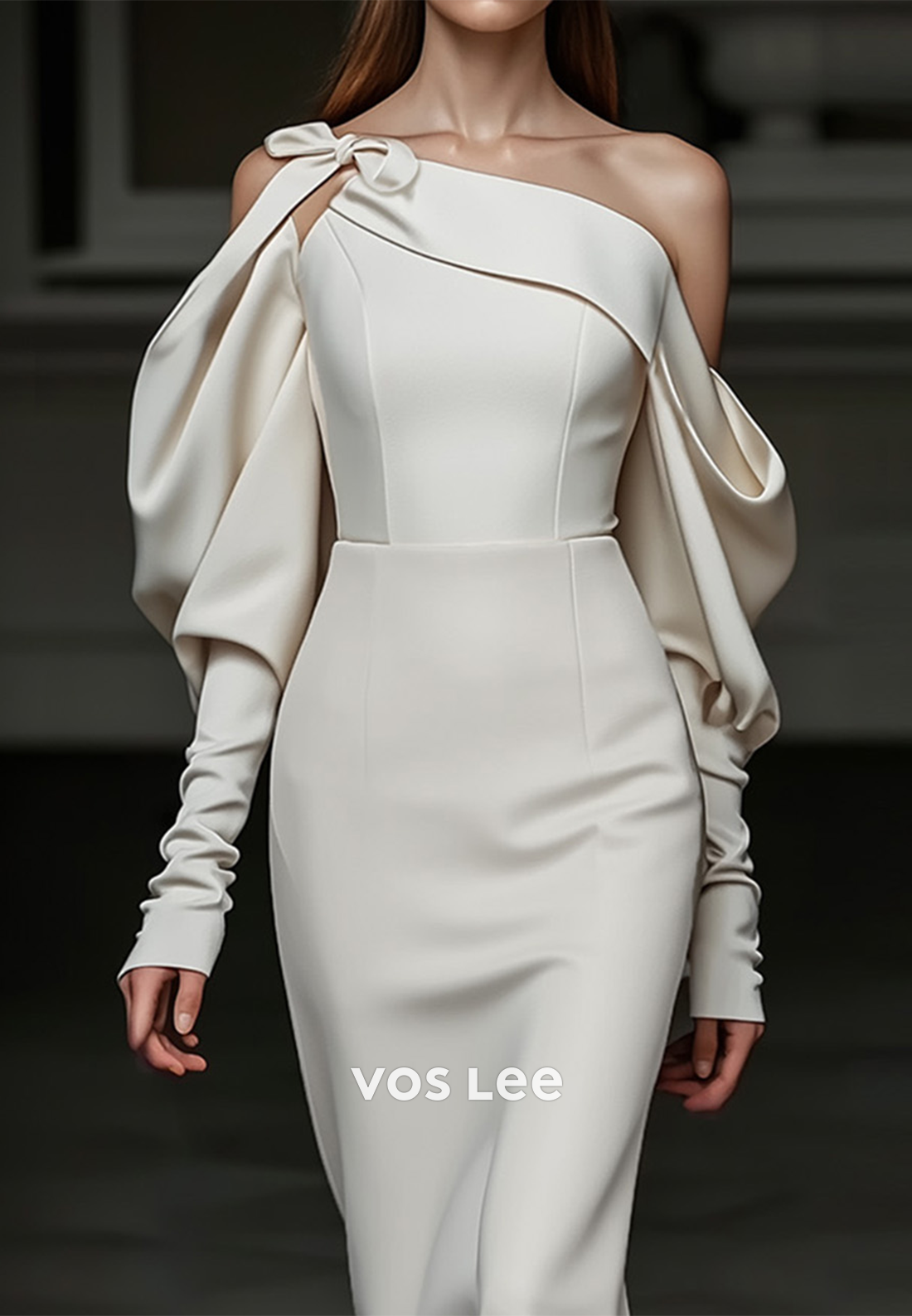 Long Sleeve One Shoulder Bowknot Tea-Length Pleated Sheath Wedding Guest Dresses