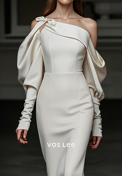Long Sleeve One Shoulder Bowknot Tea-Length Pleated Sheath Wedding Guest Dresses