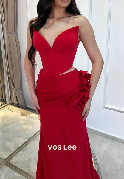 Sexy & Hot V Neck Strapless Flowers Pleated Mermaid Floor-Length Evening Dresses