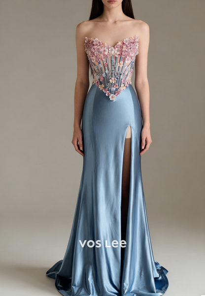Flowers Appliques Sweetheart Sleeveless Prom Dress Mermaid Slit With Bead