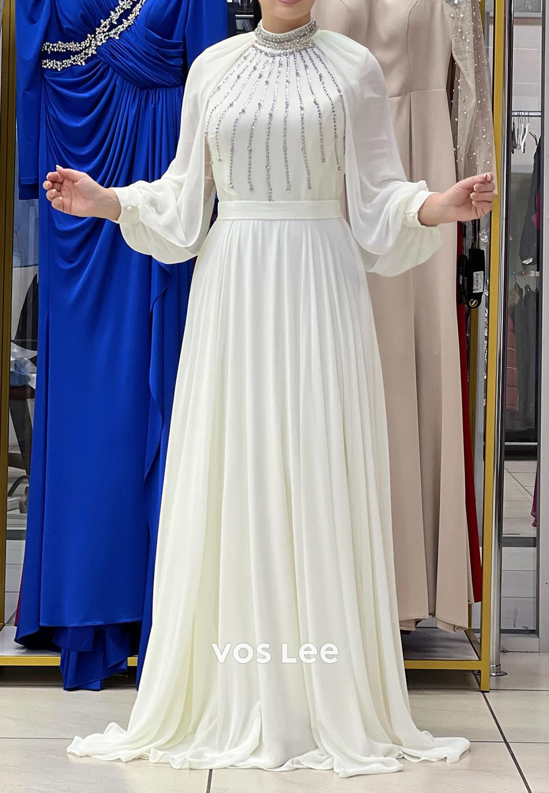 A-Line Long Sleeves High Neck Rhinestone Embellished Pleated Evening Dresses