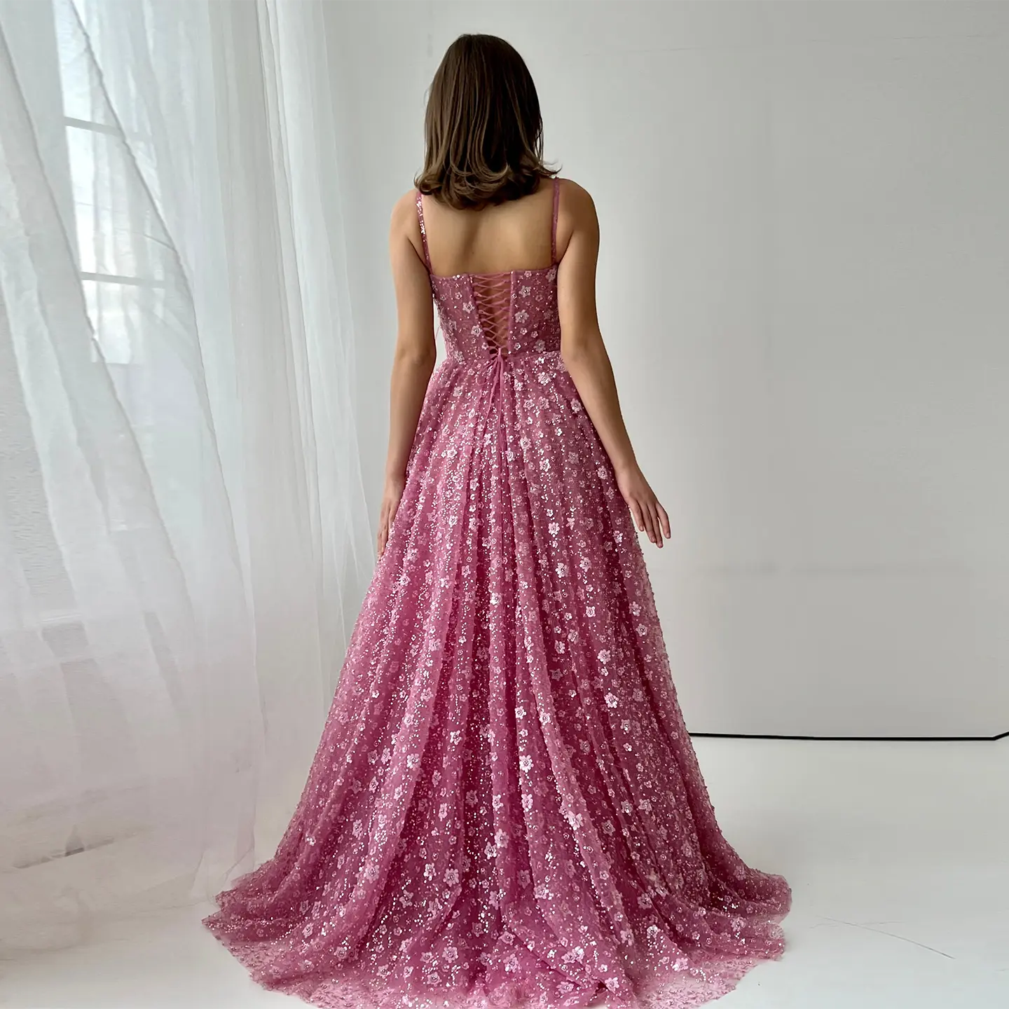 Delicate Pink 3D Floral Spaghetti Evening Dress