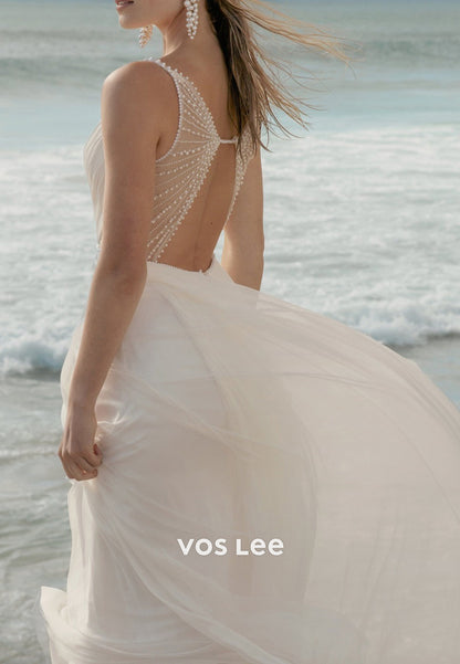 Simple & Casual A-Line Spaghetti Straps V Neck Pearls Pleated Beach Wedding Dresses