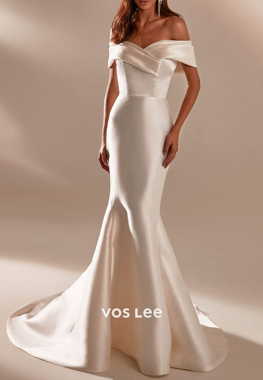 Classic & Timeless Off the Shoulder Trumpet Pleated Wedding Dresses with Sweep Train