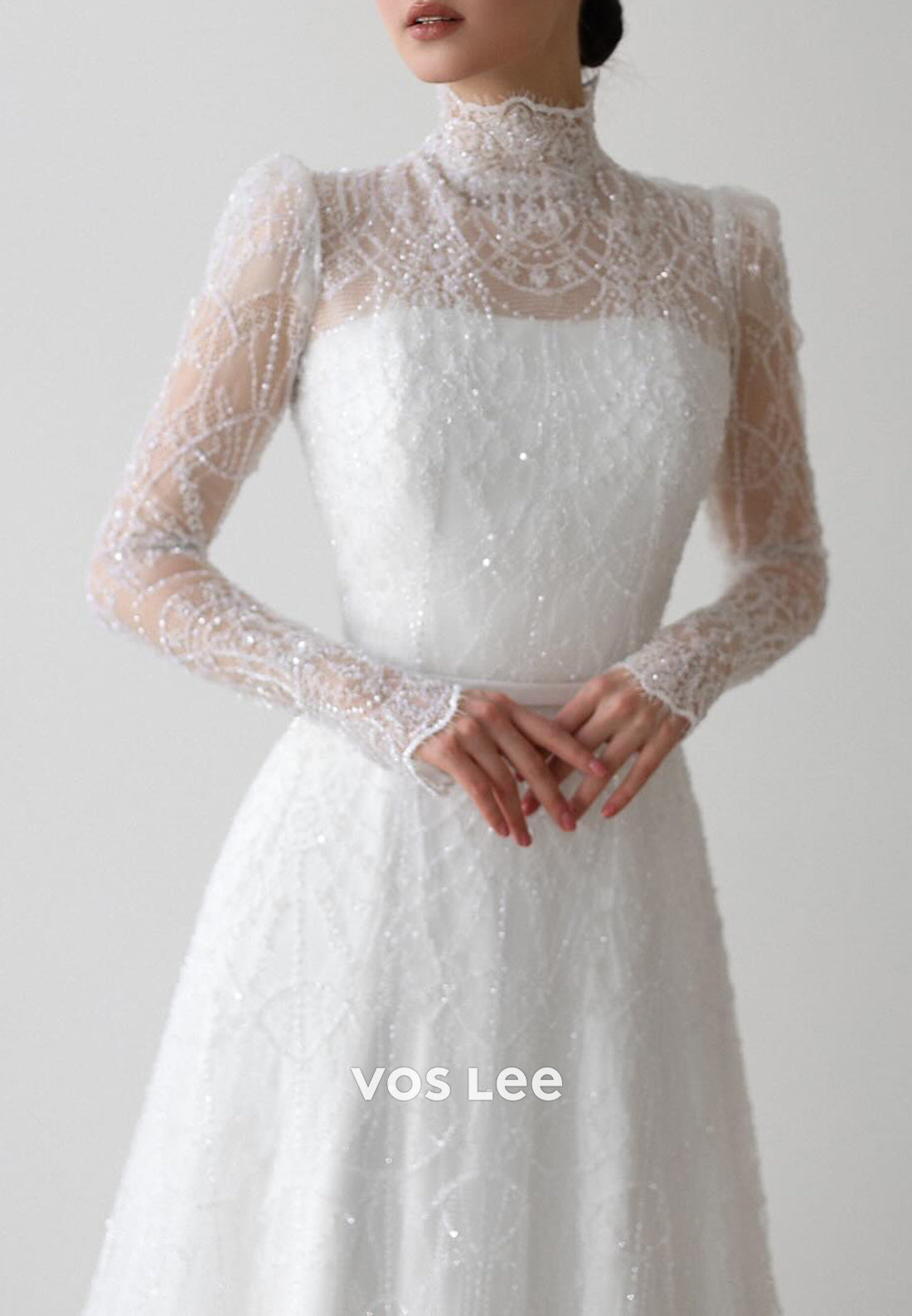 Long Sleeve High Neck Beaded Embellished Wedding Dresses with Court Train