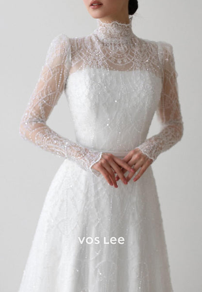 Long Sleeve High Neck Beaded Embellished Wedding Dresses with Court Train