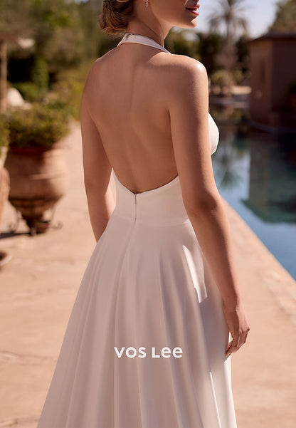 Gorgeous & Charming A-Line Halter Pleated Beach Wedding Dresses with High Split