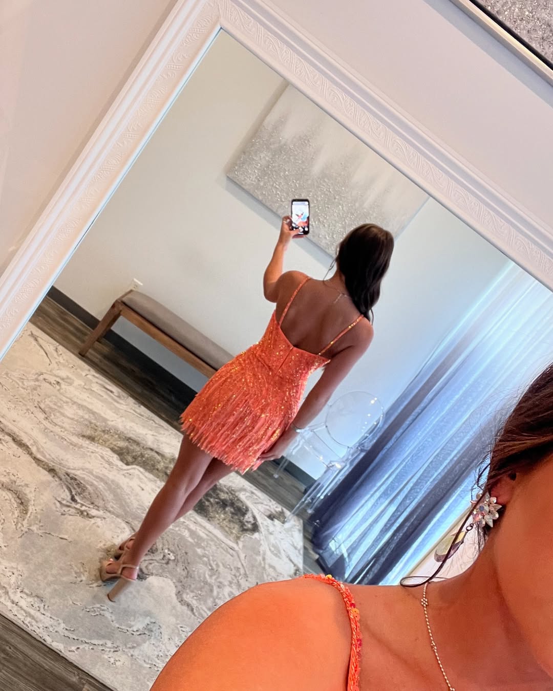 Sparkly Sheath Spaghetti Straps Orange Sequins Short Homecoming Dress VOS LEE Sparkly Sheath Spaghetti Straps Orange Sequins Short Homecoming Dress VOS LEE