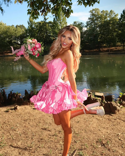 Cute A Line Strapless Hot Pink Short Homecoming Dress with Beading