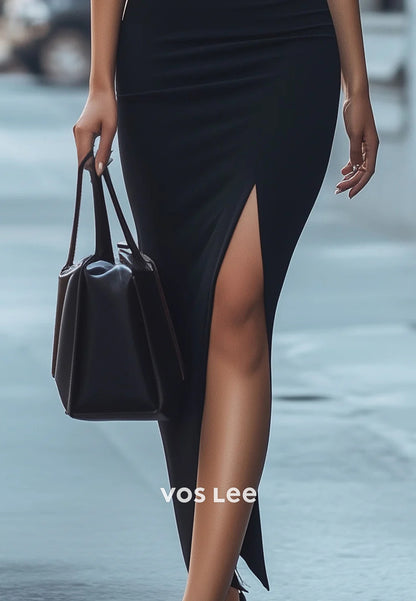 Sexy & Hot Black Halter Ankle-Length Mermaid Wedding Guest Dresses with High Split
