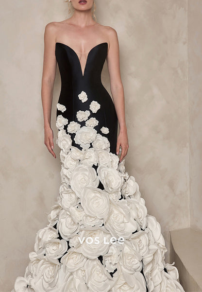 Sexy & Hot Strapless V Neck Floral Appliqued Mermaid Evening Dresses with Court Train