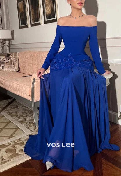 A-Line Long Sleeve Off the Shoulder Floor-Length Evening Dresses  Formal Dresses
