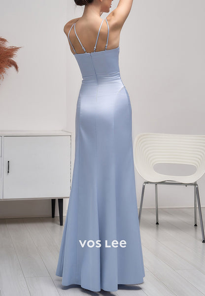 Classic Spaghetti Straps Sweetheart Satin Sheath Prom Dresses with High Split