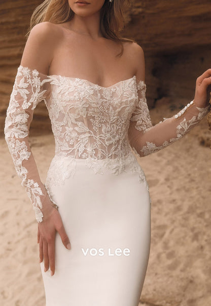 White & Ivory Long Sleeve Sequins Appliques Lace Mermaid Beach Wedding Dresses