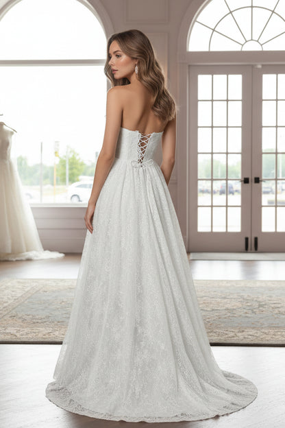 White A-Line Sweetheart Sleeveless Lace Wedding Dress