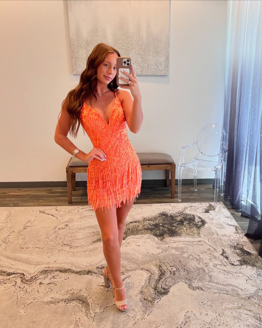orange tassle dress Hand Beaded Fringe Shift Dress - Coral Orange