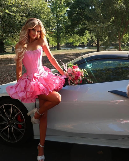 Cute A Line Strapless Hot Pink Short Homecoming Dress with Beading
