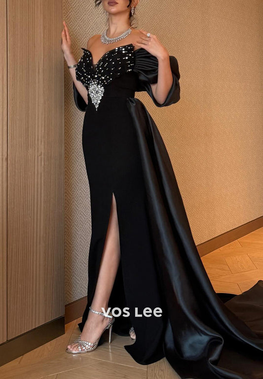 Short Sleeve V Neck Rhinestone Split Pleated Evening Dresses with Court Train
