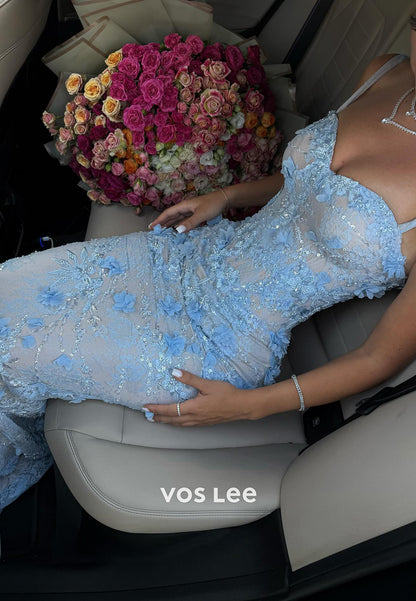 Sky Blue Spaghetti Straps Sweetheart Appliques Lace Mermaid Prom Dresses