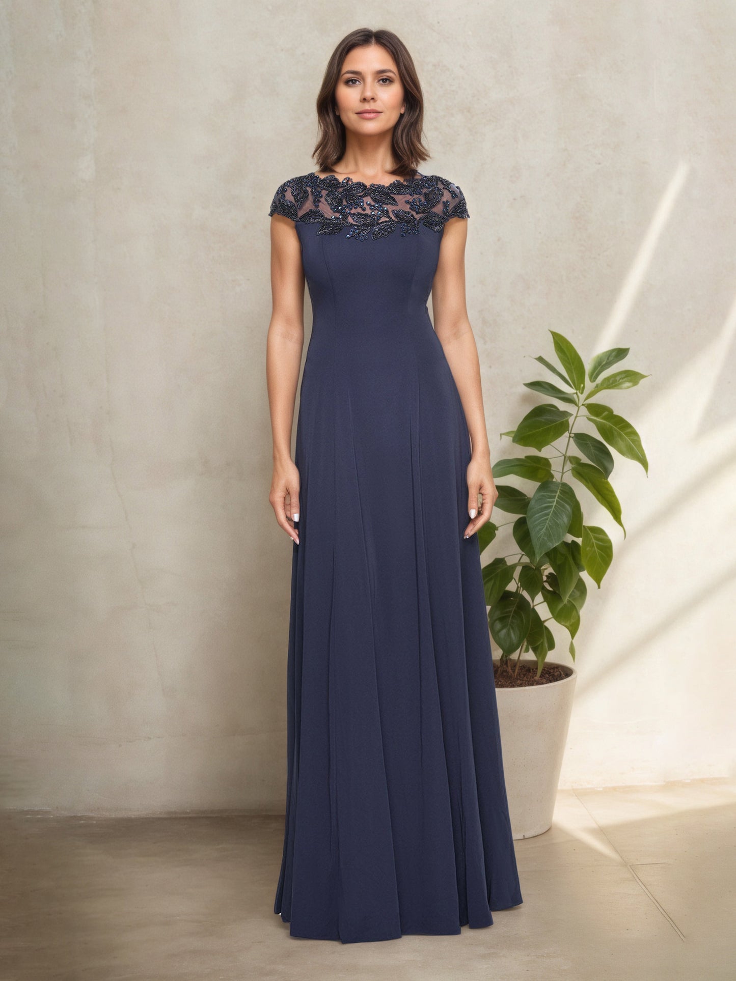 A-Line Round Neck Dark Navy Cap Sleeves Mother Of The Bride Dress